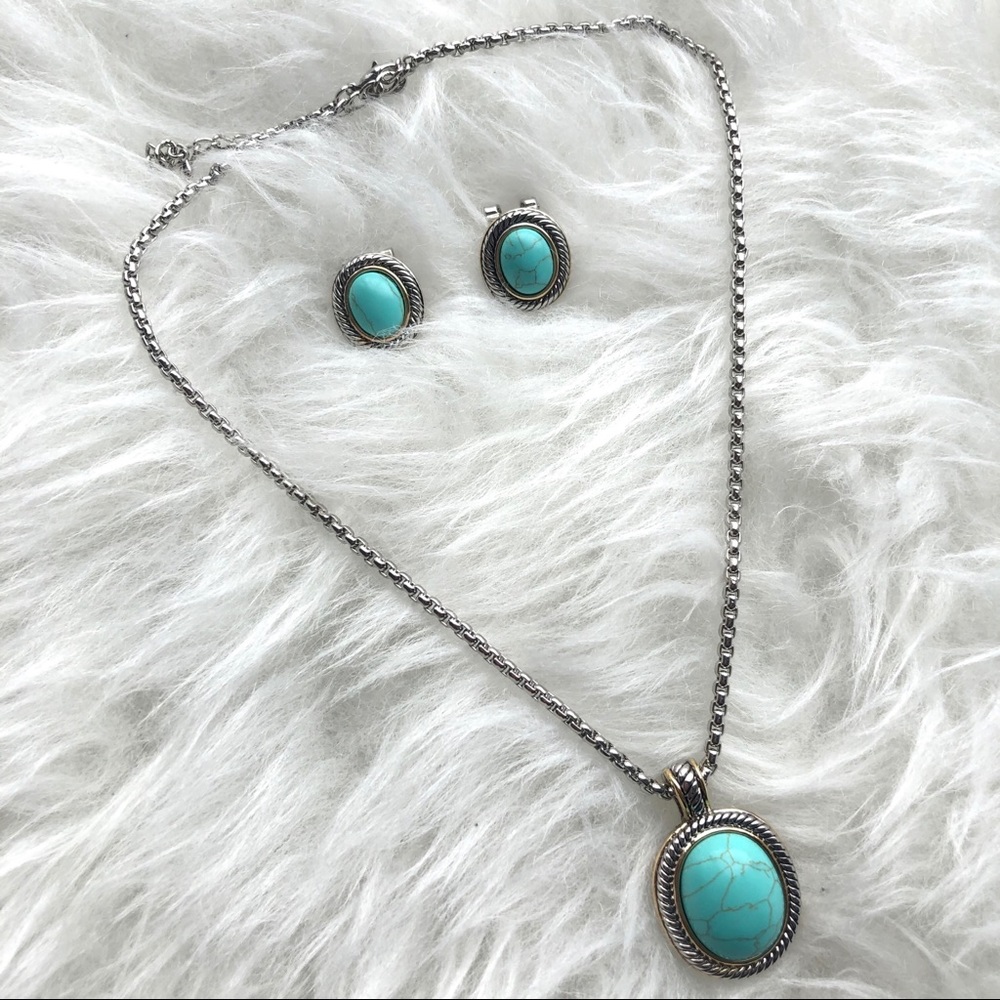 Turquoise Necklace and Earrings Jewelry Set -Round